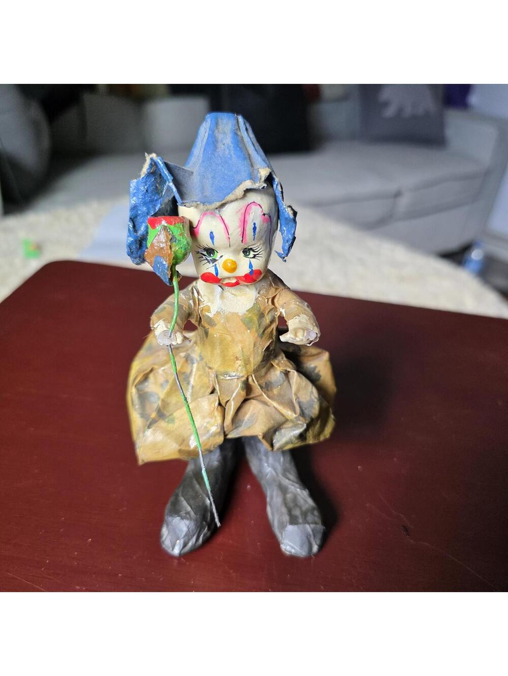 Vintage Sad Clown Paper Mache Doll Balloon Hand Painted Distressed Circus Creepy